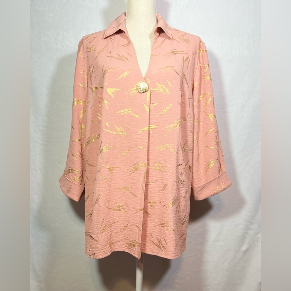Olivia & Martin 1X Peach V-Neck Tunic Gold Foil Popover Cuff Sleeve Women Top - Picture 2 of 7